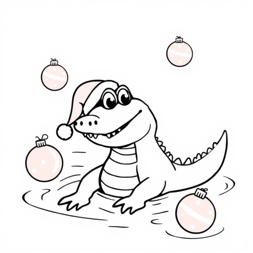Friendly Crocodile with Santa Hat among Christmas Ornaments