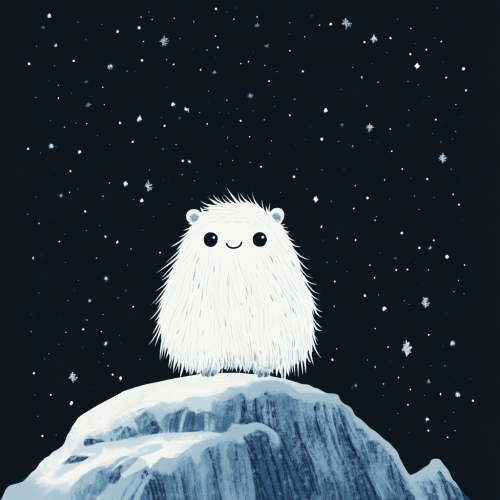 Friendly Yeti on Snowy Mountain under Starry Sky