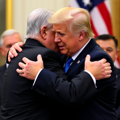 Friends, Trump and Netanyahu, hugging and crying. Friends, Trump and Netanyahu, hugging and crying.