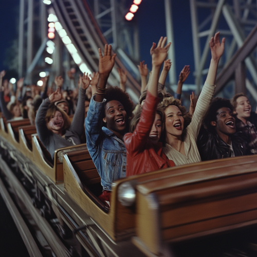 Friends Race Down Roller Coaster at Night.