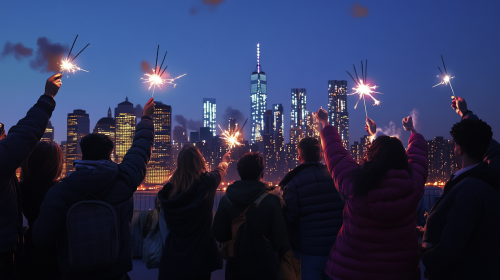 Friends celebrating in New York City with sparklers