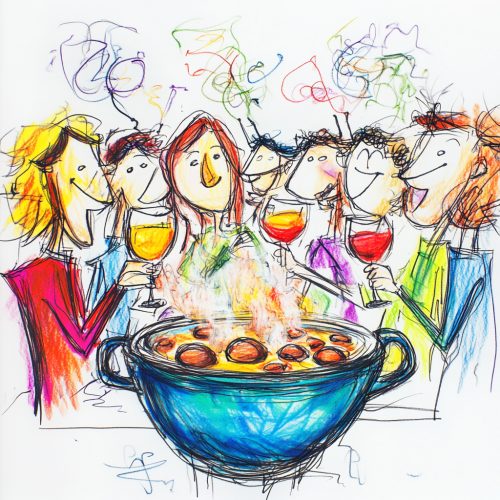 Crayon Doodle of Friends enjoy hot pot, mushrooms boil, wine flows, playful