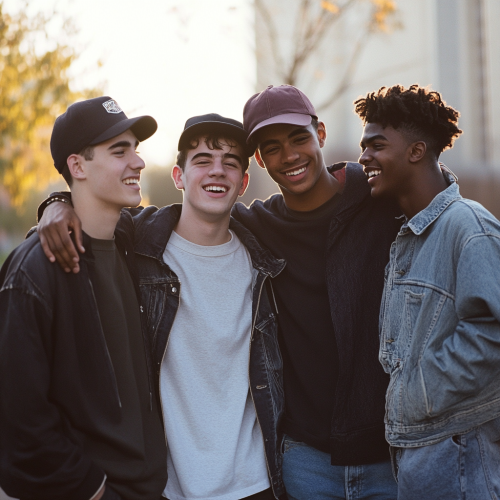Friends smiling in park, Fujifilm capture, golden glow
