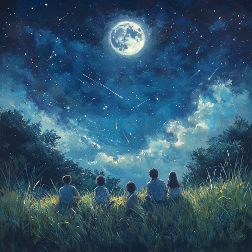 Friends under starry night sky feel wonder together