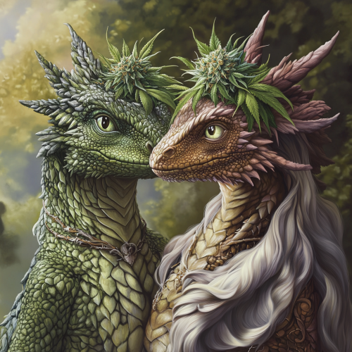 Frisky dragon couple wear realistic hybrid marijuana nugget costumes.