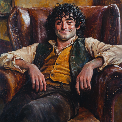 Frodo Baggins in 18th century armchair oil painting
