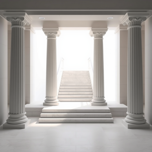 Frontal view of Greek columns with centered staircase.