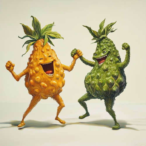 Fruits and leaf characters dancing in 80's style