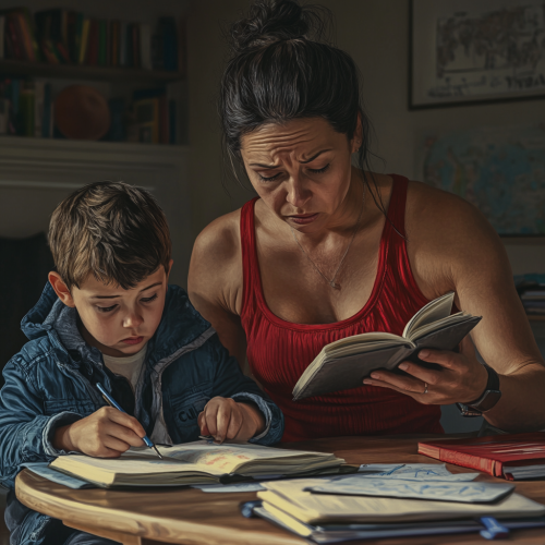 Frustrated mother helps child with homework, modern living room