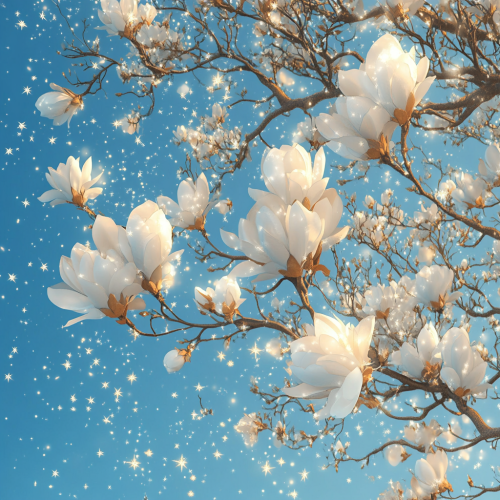 Full-length tree with snow-white fluffy flowers