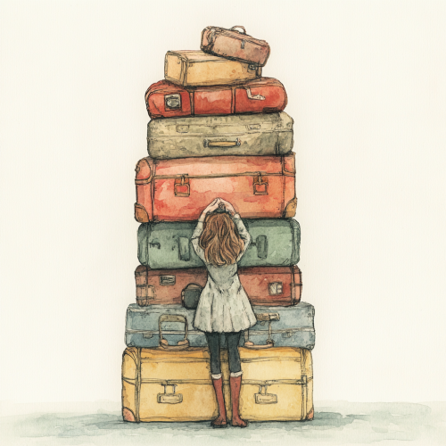 Fully loaded luggage, unsure of destination. Departing soon.