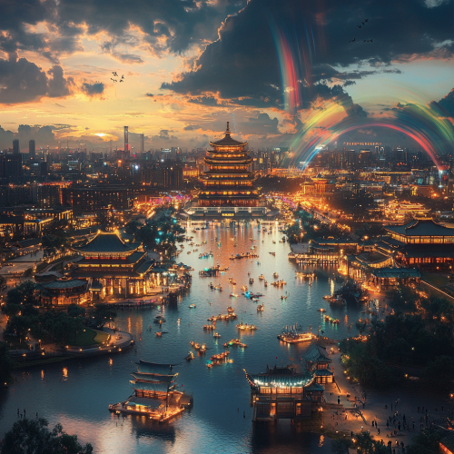Future Beijing: 7000s Palace City Lights 3D Render