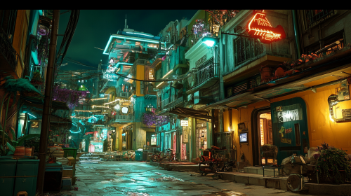 Future city with Greek architecture and cyberpunk elements.