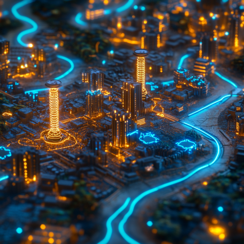 Futuristic 2030 landscape with AI and currency flow. 