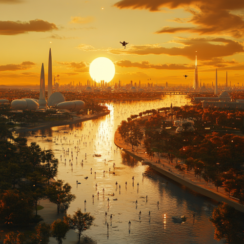 Futuristic 7000s Washington City Photography with Flying People