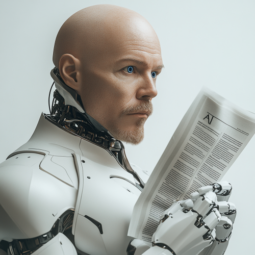 Futuristic AI Robot Gives Newspaper to Attractive Man Futuristic AI Robot Gives Newspaper to Attractive Man