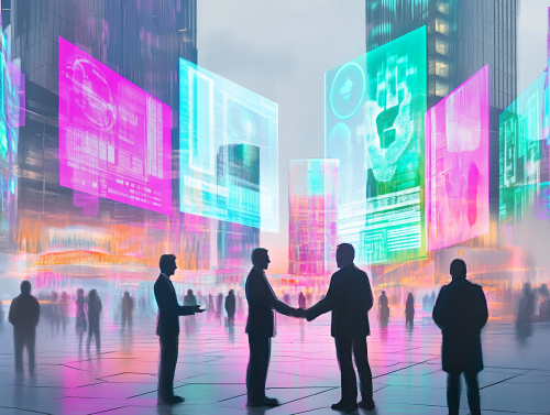 Futuristic City Marketing Success with Business People Shaking Hands