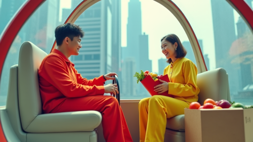 Futuristic Japanese Couple in Spaceship with Fruit Futuristic Japanese Couple in Spaceship with Fruit