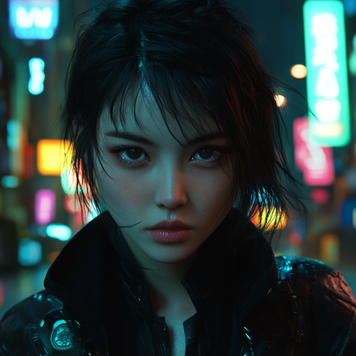 Futuristic Korean girl in apocalyptic city with neon signs.