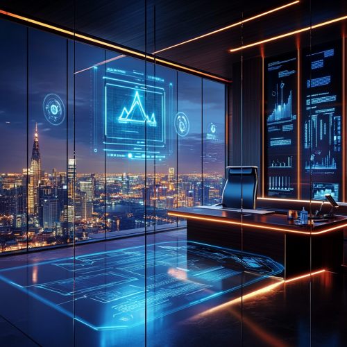 Futuristic Lawyer's Desk with Holographic Interface and AI Assistants 