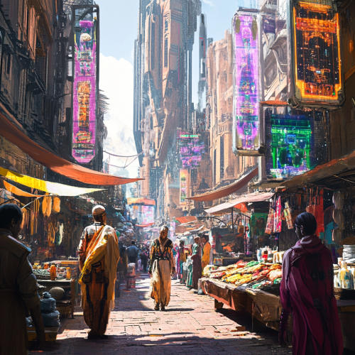 Futuristic city bazaar with exotic goods and holographic signs 