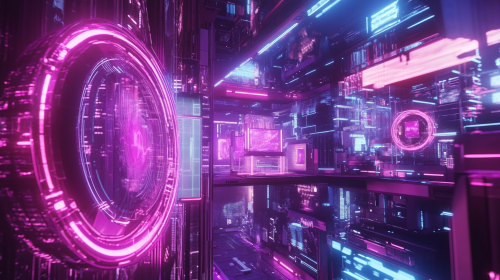 Futuristic city with holograms, neon lights, high-tech Nike.