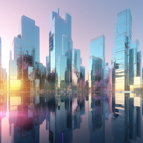 Futuristic city with rainbow glow and sleek buildings