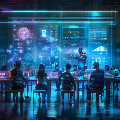 Futuristic classroom with diverse students and AI devices.