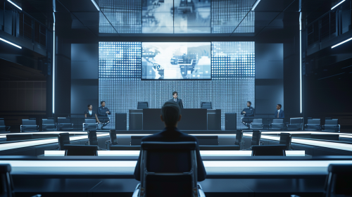 Futuristic courtroom with LED lighting, sleek setting for educator.