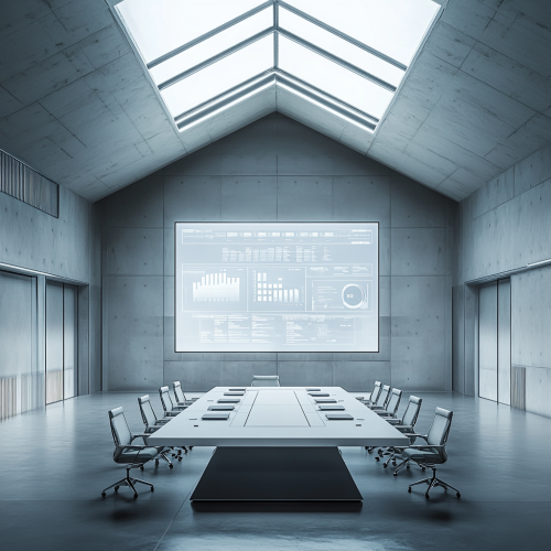 Futuristic empty conference room with holographic charts show.