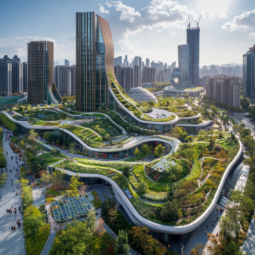 Futuristic environmentally-friendly city with modern architecture and greenery.