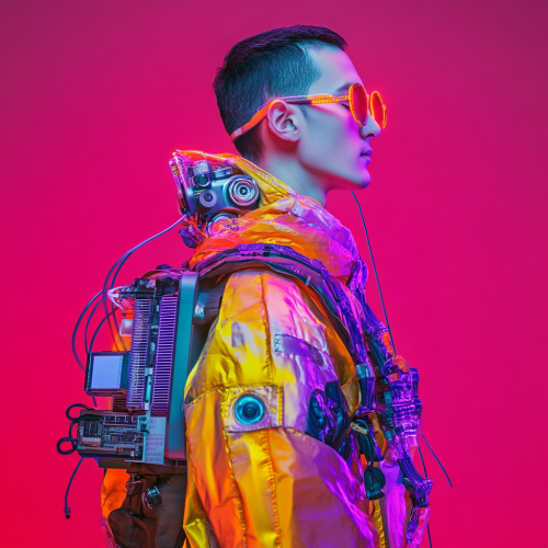 Futuristic fashion model in vibrant plastic outfit