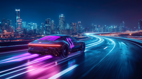 Futuristic head-up display on road with cyberpunk design.