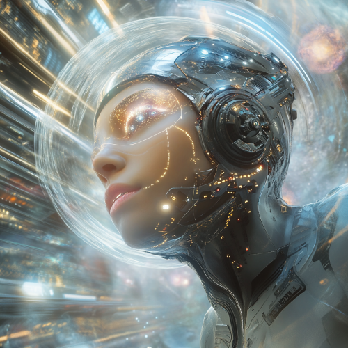 Futuristic human guides advanced spacecraft through space-time dimensions. Futuristic human guides advanced spacecraft through space-time dimensions.