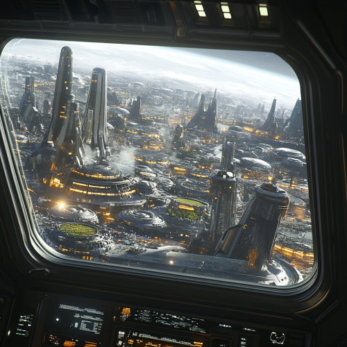 Futuristic image from spaceship window showing space colony.