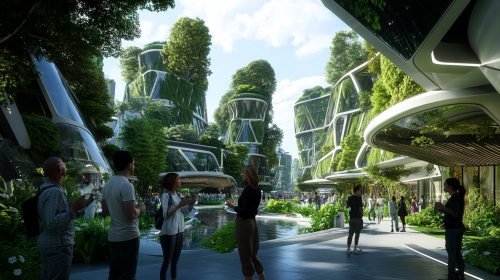 Futuristic nature city with eco-buildings and diverse communities. Futuristic nature city with eco-buildings and diverse communities.