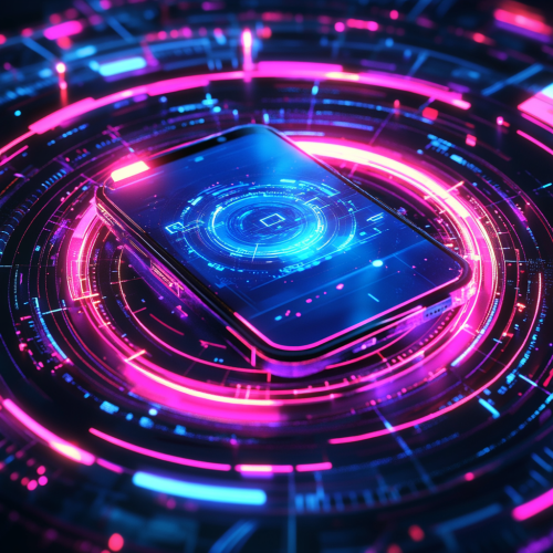 Futuristic neon phone interface with dynamic cyberpunk vibe