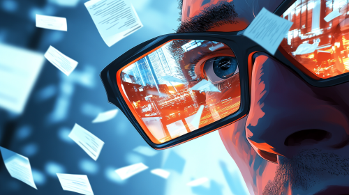 Futuristic office with computer monitor reflected in glasses