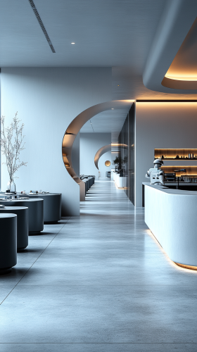 Futuristic restaurant with touchscreen menus and robotic chefs
