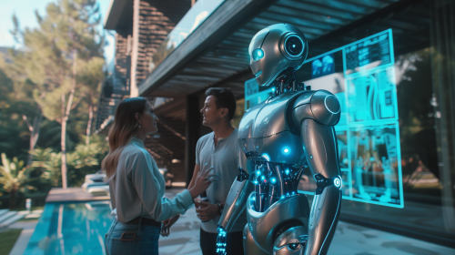 Futuristic robot shows luxury villa to intrigued couple.