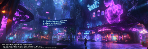Futuristic sanctuary with advanced civilizations, AI, lost beings.