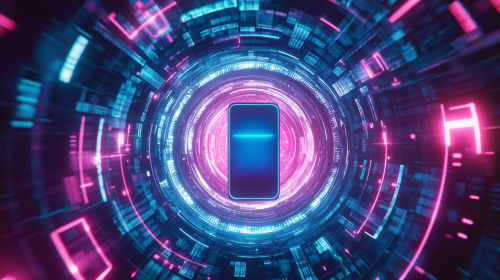 Futuristic smartphone in center of neon interface vortex