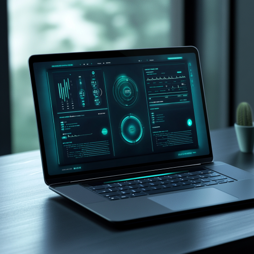 Futuristic teal dashboard for clinicians on MacBook Pro