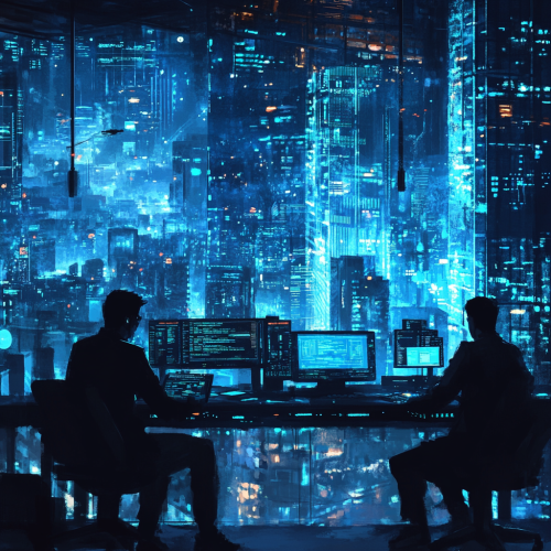 Futuristic tech industry with programmers in dark blue