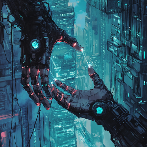 Futuristic vision merging man, machine, technology, humanity, collaboration.