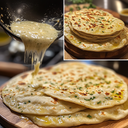 Garlic butter flatbread cooking and stacked on board