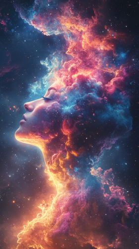 Gazing person with colorful cosmic cloud in night sky. Gazing person with colorful cosmic cloud in night sky.