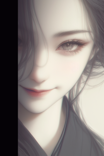 Geisha with Bright Eyes Smiling on White Background