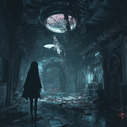 Generate anime-style dreamlike space with creepy, demonic traits.