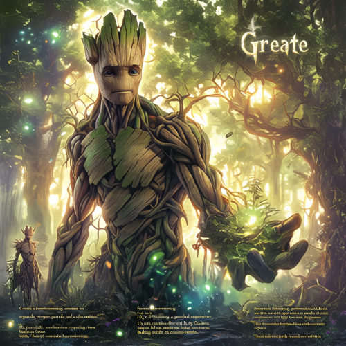 Gentle superhero Groot in enchanted forest, nurturing nature. Gentle superhero Groot in enchanted forest, nurturing nature.